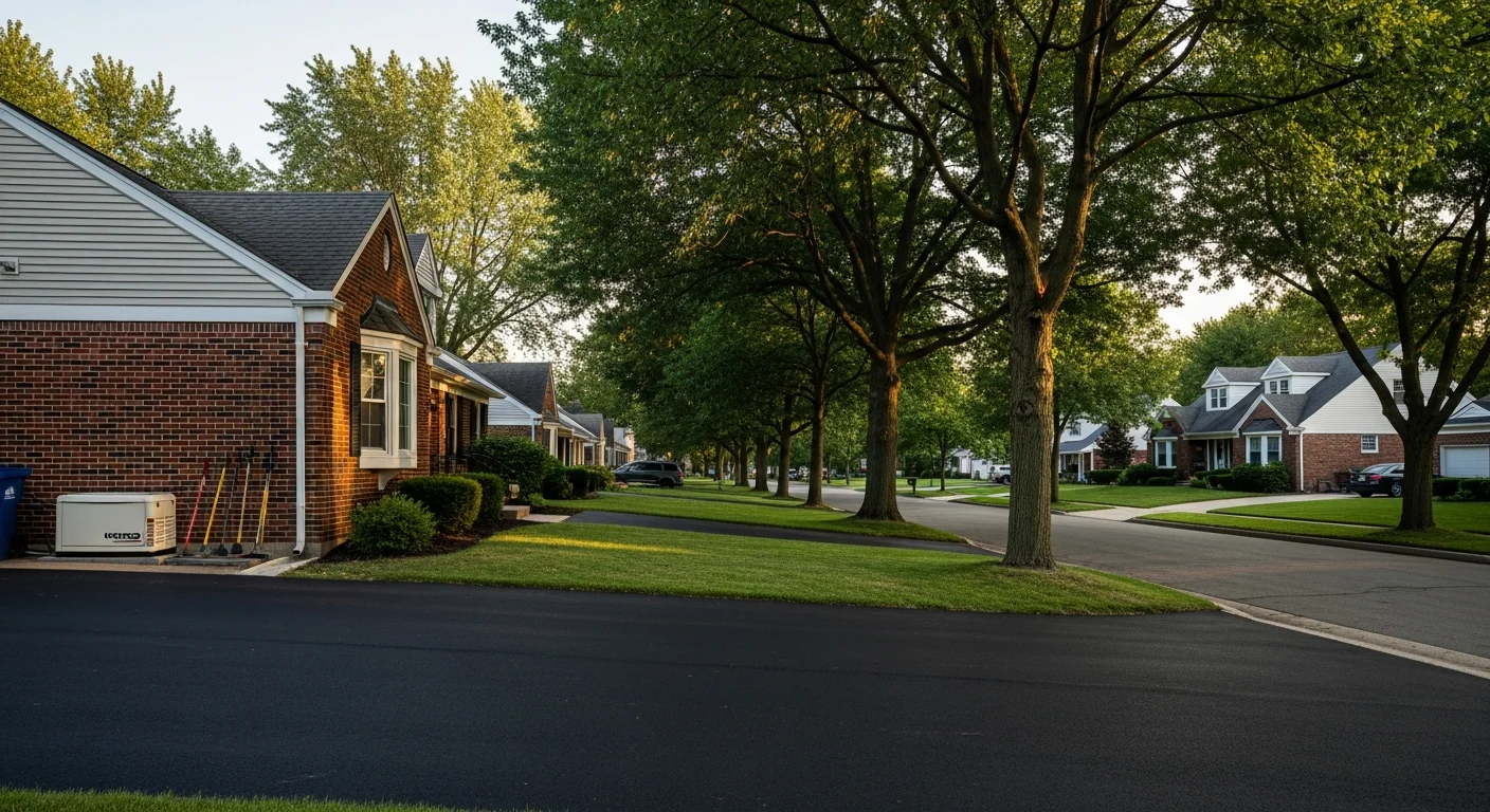 Tree-lined residential street in Rocky River with well-maintained homes and manicured lawns.