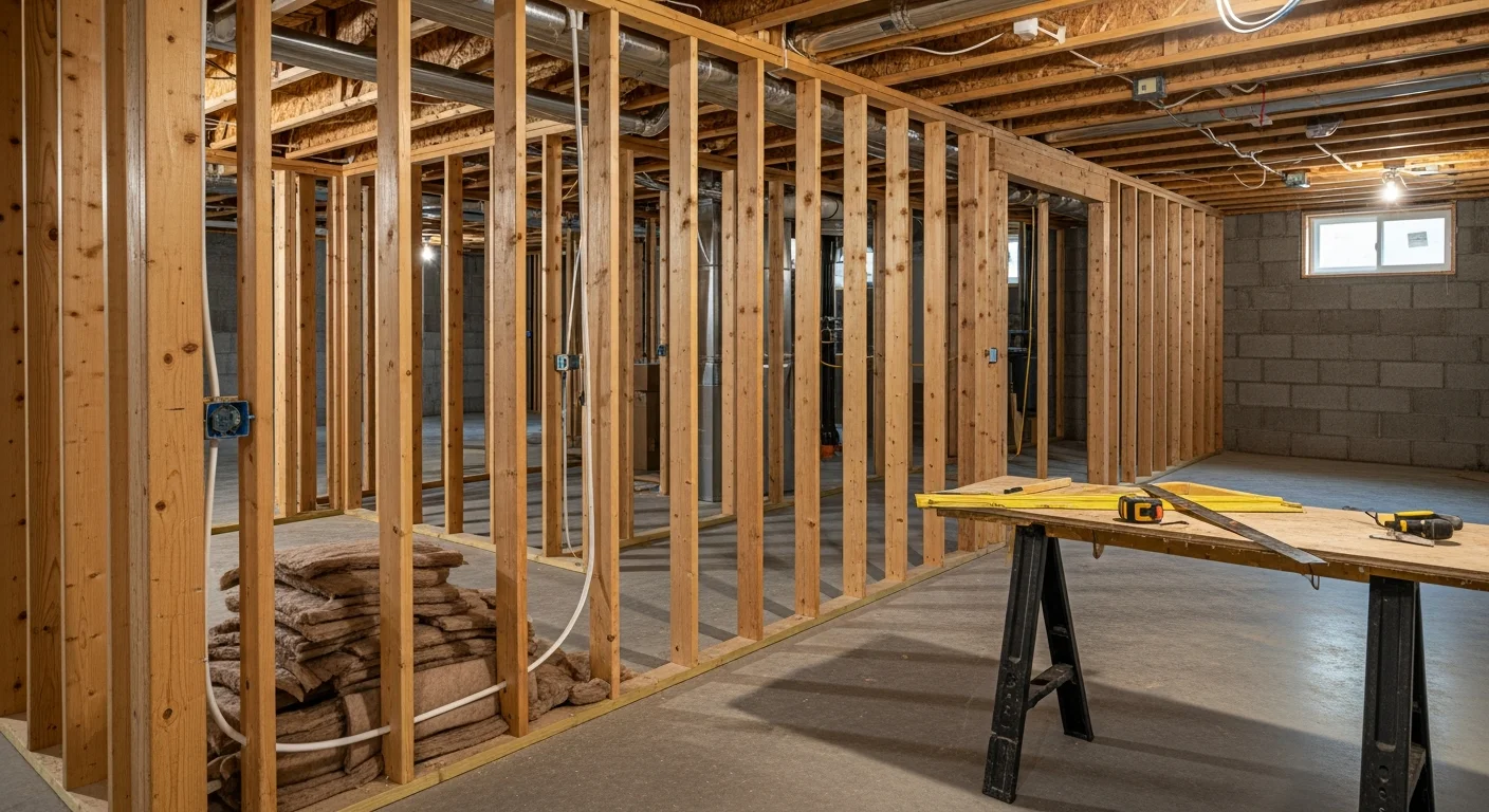 Finished basement in a Rocky River, Ohio single-family home featuring recessed lighting, framed drywall walls, and luxury vinyl plank flooring. The space is set up as a family room with a defined seating area and clean trim work throughout.