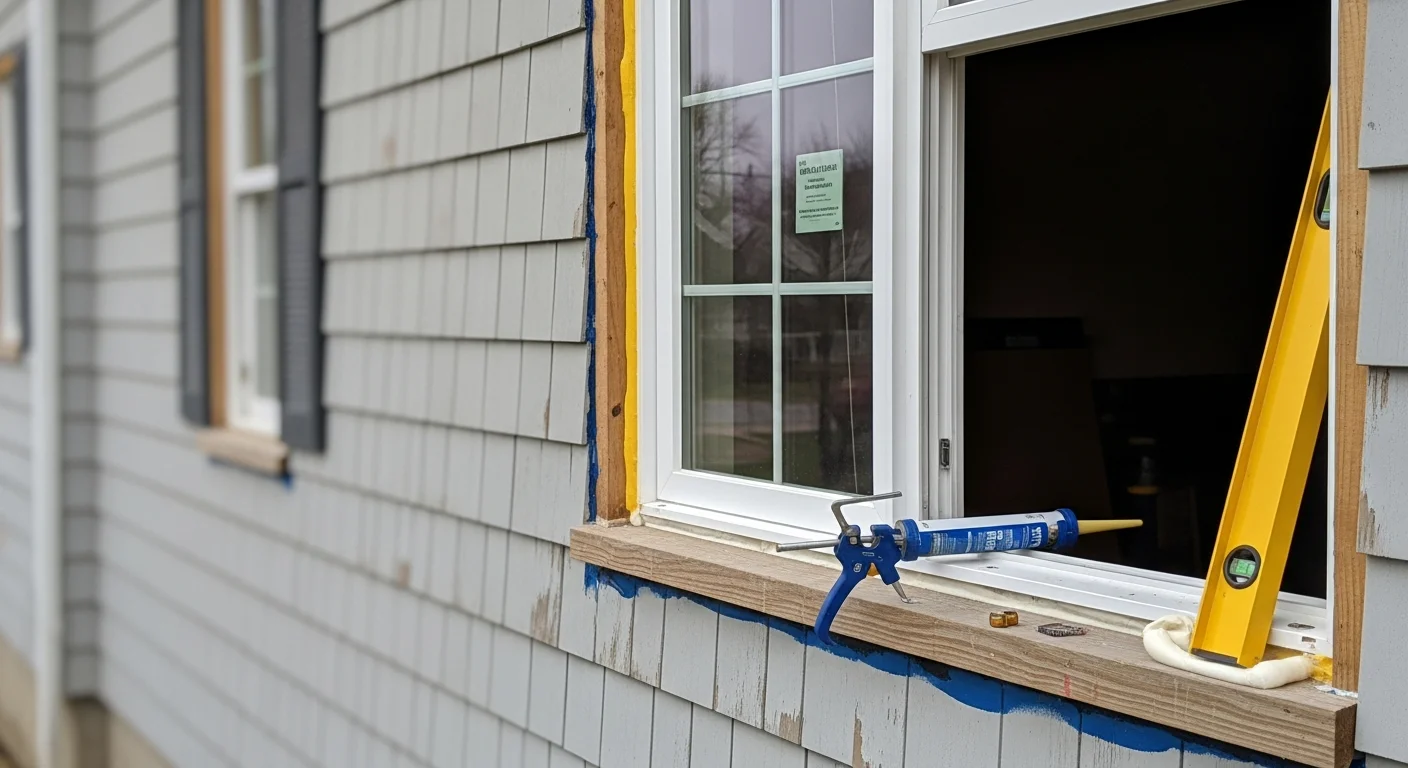 A freshly installed custom window on the exterior of a pre-1960 Rocky River, Ohio home, showing flush framing, clean trim lines, and proper flashing at the rough opening. The surrounding siding is intact and the window sits level within the original masonry opening.