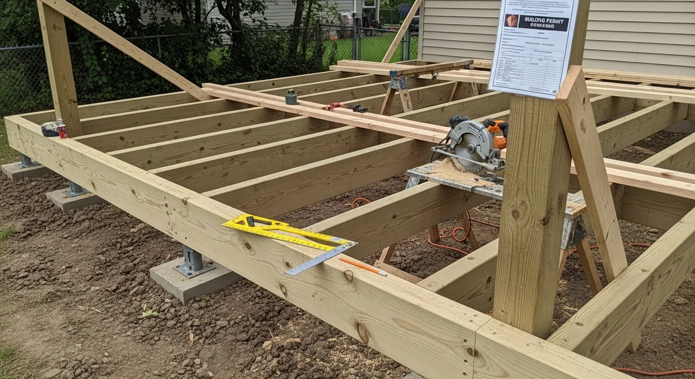 A newly constructed wood deck attached to the rear of a single-family home in Rocky River, Ohio, with clean framing, level decking boards, and a graded backyard visible beyond the railing. The deck structure shows properly spaced posts and a ledger board connection to the home's existing siding.