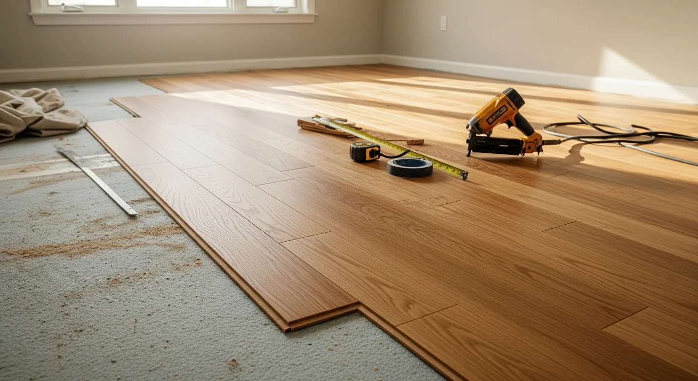 Freshly installed flooring in a mid-century single-family home in Rocky River, Ohio, showing tight seams and clean edges throughout an open living area. The finished floor reflects natural light from windows facing the residential street.
