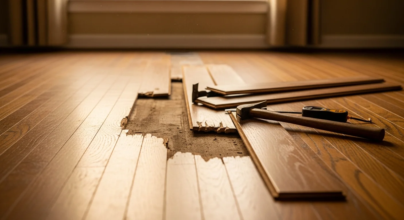 A repaired hardwood floor in a Rocky River, Ohio home showing tight, even boards with no visible gaps, cupping, or water staining. The floor runs through a main living area typical of a mid-century single-family home in the area.