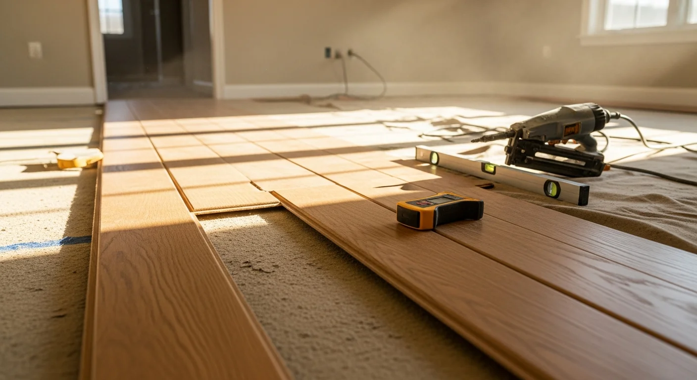 Newly installed hardwood flooring in a single-family home in Rocky River, OH, with tight board seams and clean transitions at the hallway threshold. The room shows a finished main level with natural wood tones and smooth surface ready for daily use.