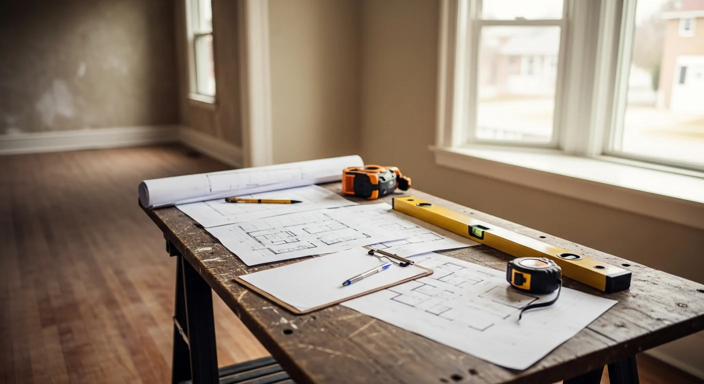 A Knox Construction general contractor reviewing home remodeling plans with a homeowner inside an older Rocky River, Ohio residence. The consultation takes place in a dated kitchen with original cabinetry, showing the planning stage before renovation work begins.