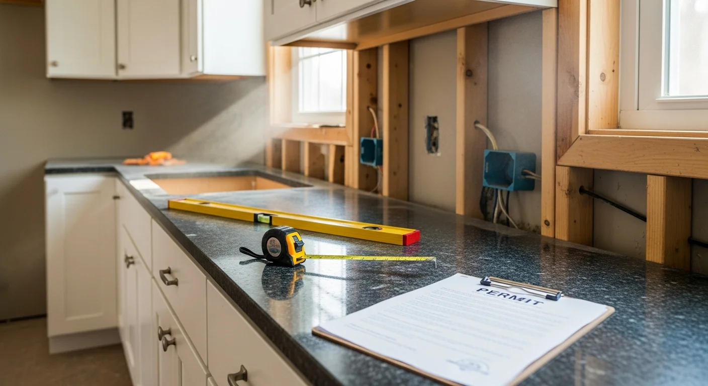 A remodeled kitchen in a Rocky River, OH home showing updated cabinetry, new countertops, and reconfigured layout. Knox Construction general contracting work on a mid-century residential property in Rocky River.