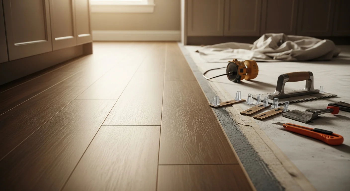 Freshly installed vinyl plank flooring in a Rocky River, Ohio home kitchen, showing clean plank rows running toward a window with natural light. The floor meets the base trim with tight, even seams throughout the room.