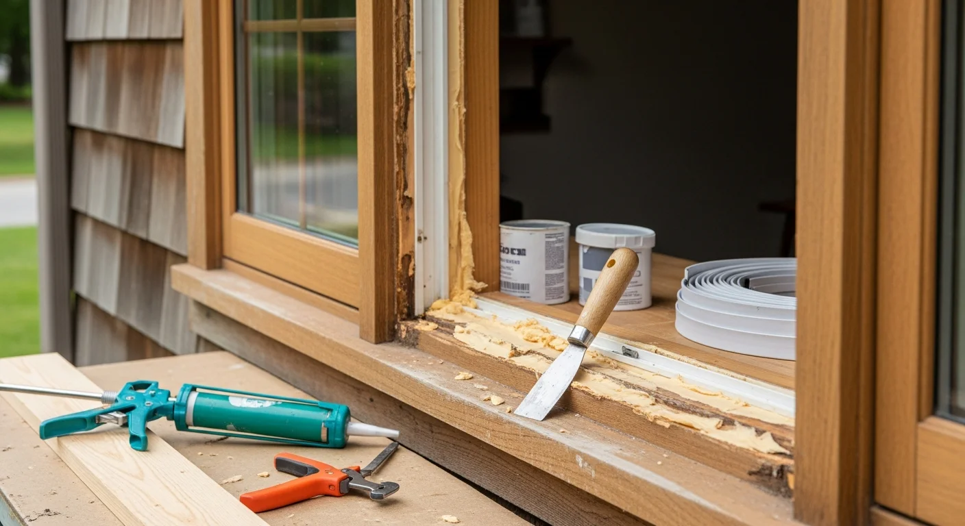 A repaired wood window frame on a brick home in Rocky River, Ohio, showing clean edges and a tight seal at the sill. Close-up view shows no visible rot, gaps, or warping after professional frame repair.