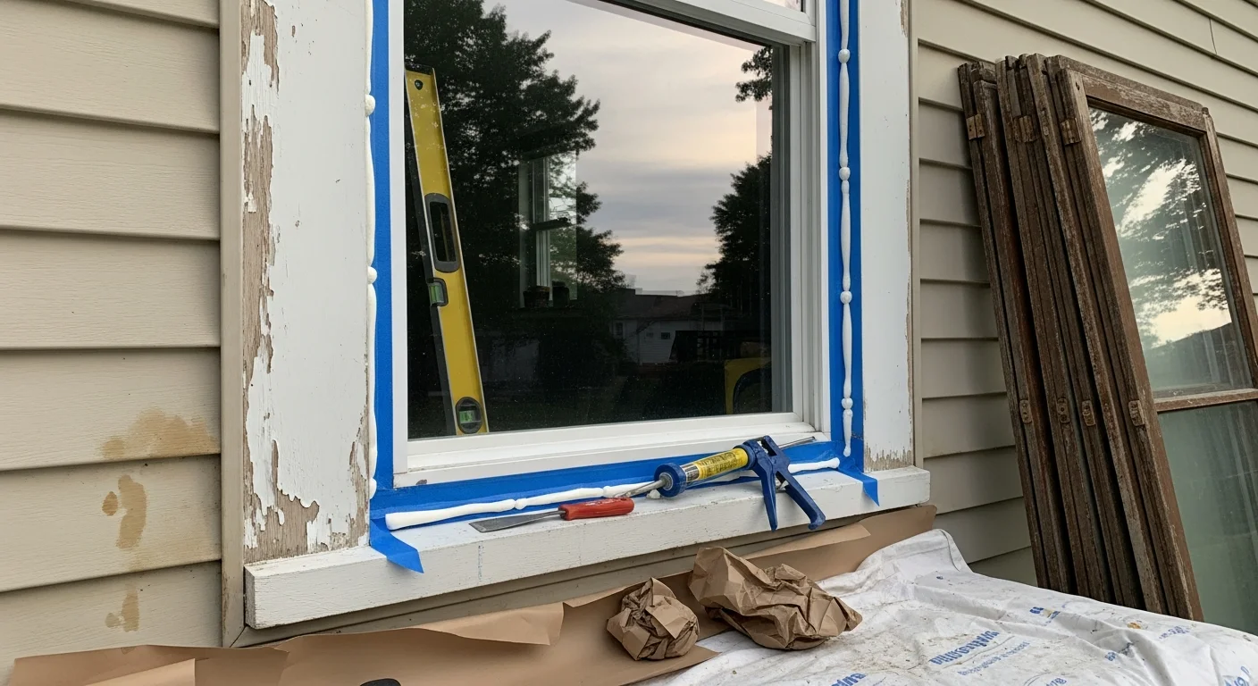 A Knox Construction crew installing a new window on a single-family home in Rocky River, Ohio, with the finished frame seated flush against a brick exterior. The surrounding trim and siding are clean and undisturbed, showing a completed residential window installation.