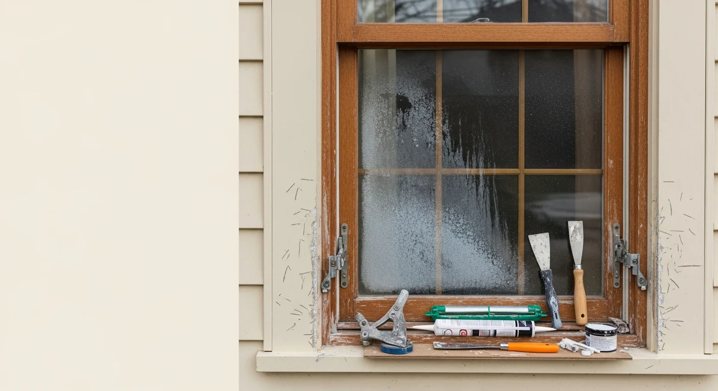 A Knox Construction technician repairing a wood-framed window on a pre-1960s single-family home in Rocky River, Ohio. The technician is resealing the sash unit from the exterior on a clear day with the Rocky River streetscape visible in the background.