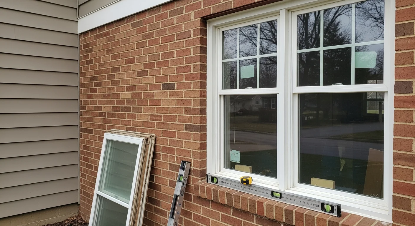 A Rocky River, OH single-family home with newly installed replacement windows on the front facade, showing clean frames and clear glass against a mid-century exterior. A Knox Construction crew member inspects the window seal at the sill during installation.